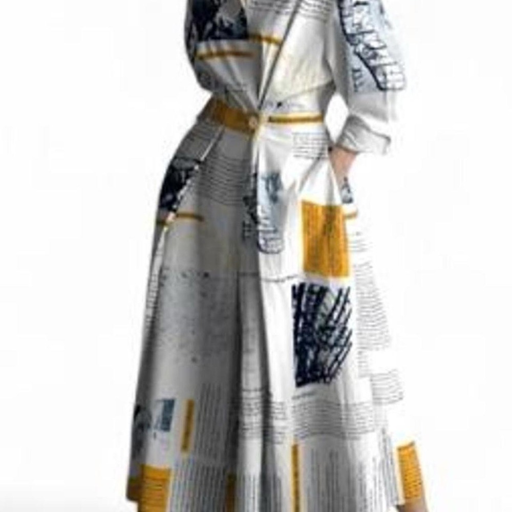 OSHOPLIVE Women's Long Sleeve Loose Newspaper Print Tied Waist Midi Dress